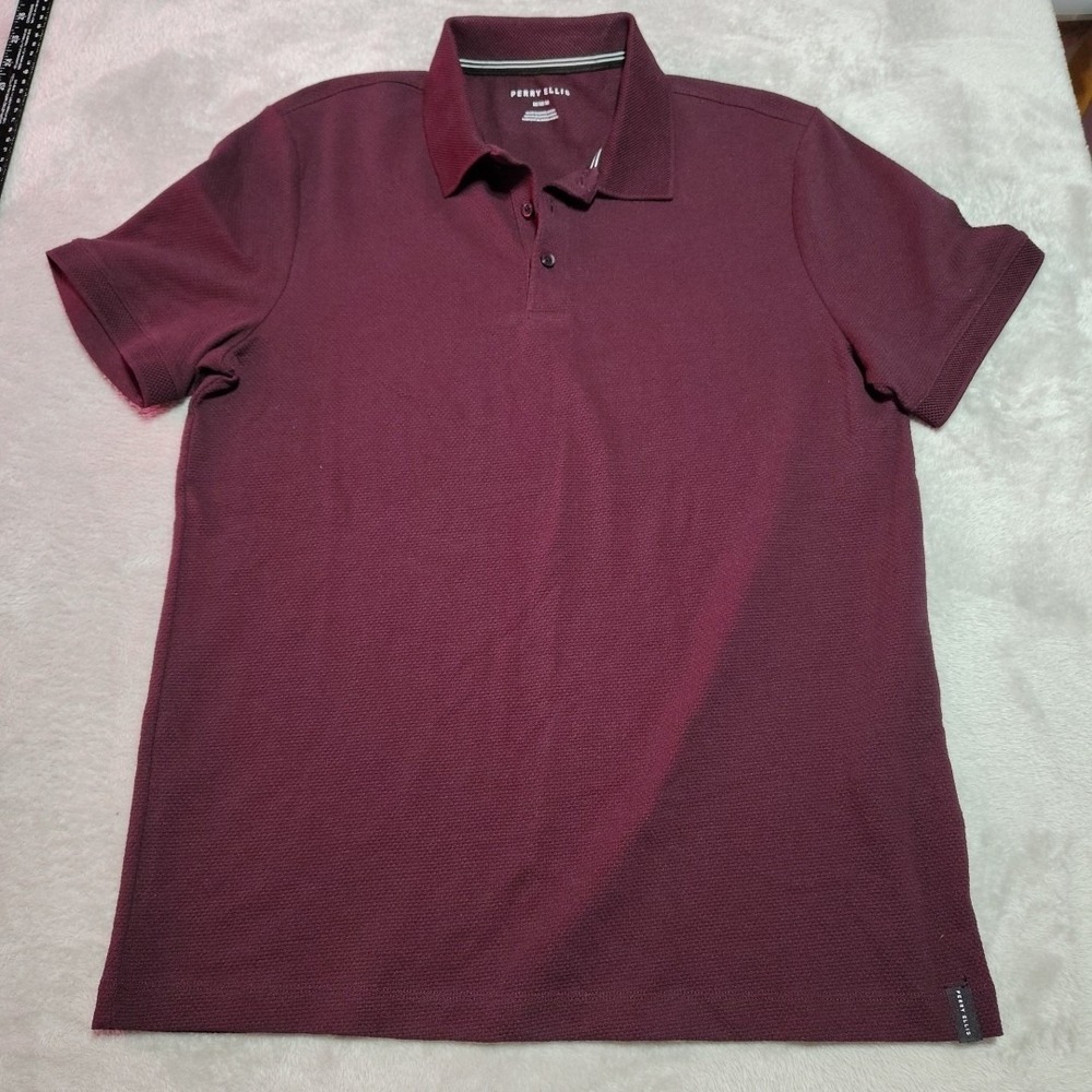 Perry‎ Ellis Polo Shirt Men M Maroon Golf Textured  Stretch Comfort Classic